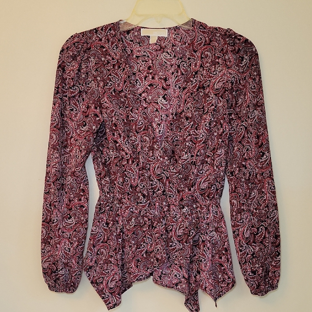 Michael Kors Womens Paisley Peplum Blouse Burgundy V-Neck Sharkbite Hem Small